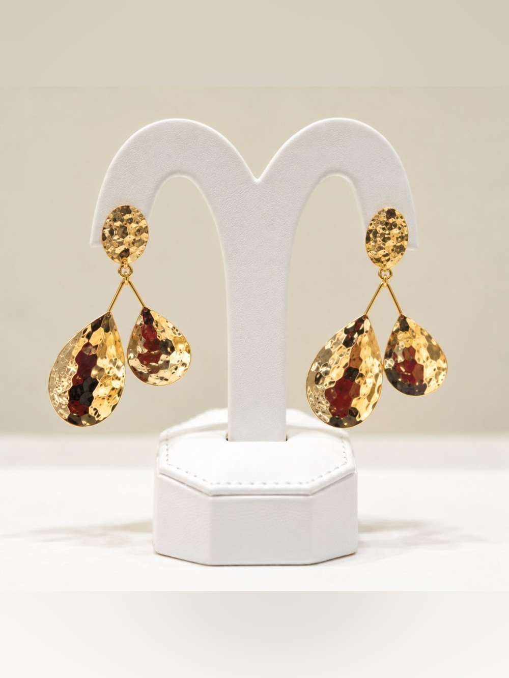 Hammered Gold Double Teardrop Drop Statement Earrings